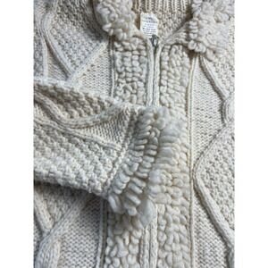 vintage zip up handknit Ecuador Aran womens cardigan fringe boho s/m collar